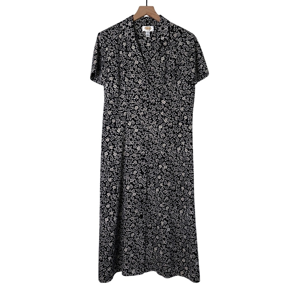 Talbots Women Vintage Floral Button Down Midi Shirt Dress Size 12 Black Modest